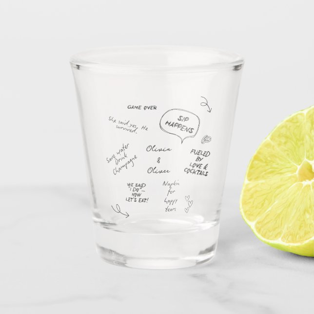 Custom name, funny love note handwriting wedding shot glass (Front)