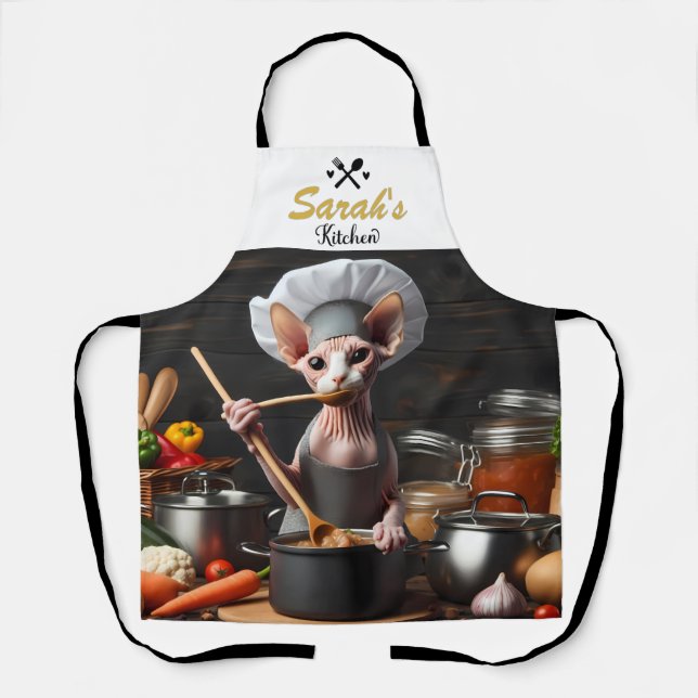 Custom Name Funny Sphynx Cat Chef Cook's Apron (Front)
