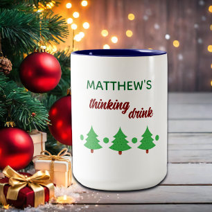 Custom Name Funny Thinking Drink Christmas Trees Two-Tone Coffee Mug