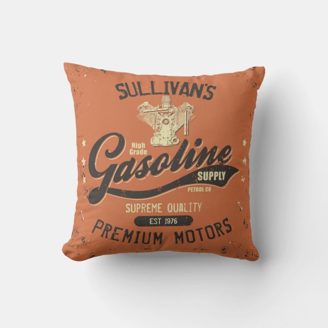 Custom NAME Gasoline Motors Retro Mechanic Garage  Cushion (Front)