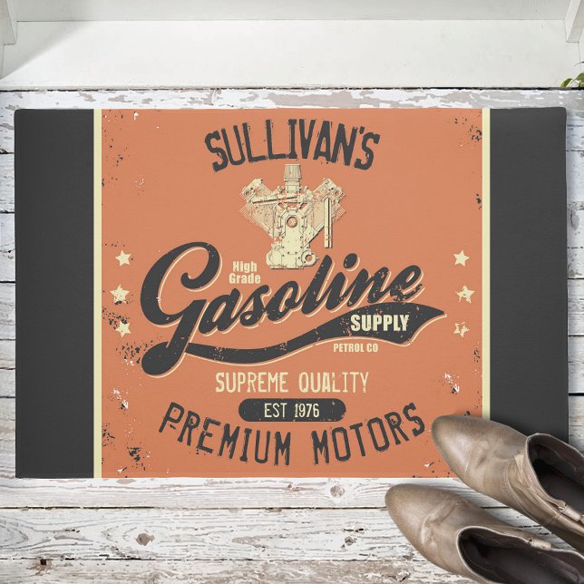 Custom NAME Gasoline Motors Retro Mechanic Garage  Doormat (Creator Uploaded)