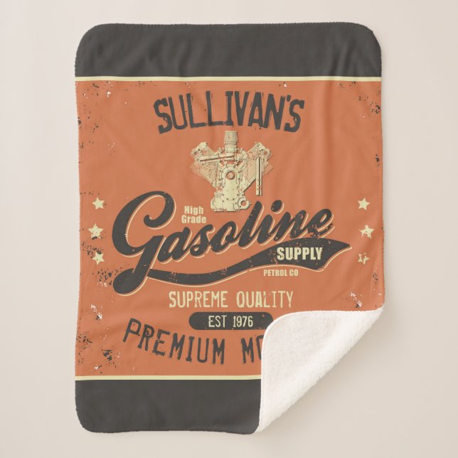 Custom NAME Gasoline Motors Retro Mechanic Garage  Sherpa Blanket (Front)