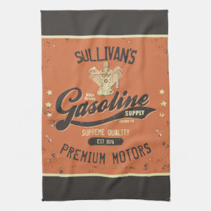 Custom NAME Gasoline Motors Retro Mechanic Garage Tea Towel