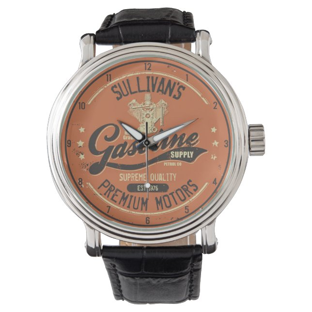 Custom NAME Gasoline Motors Retro Mechanic Garage Watch (Front)