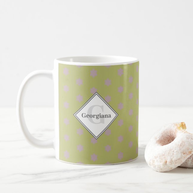 Custom Name Geometric Warm Neutral Polka Dot Stars Coffee Mug (With Donut)