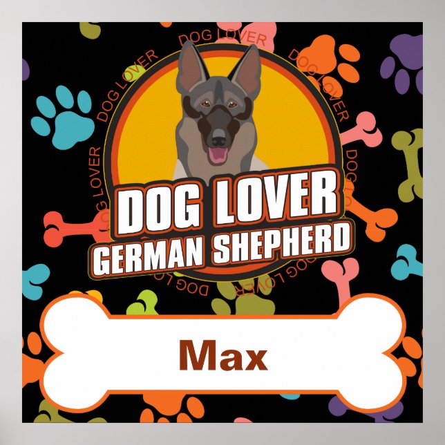 Custom Name German Shepherd Dog Bone Puppy Paws Poster (Front)