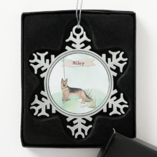 Custom Name German Shepherd Pet Dog Snowflake Pewter Christmas Ornament