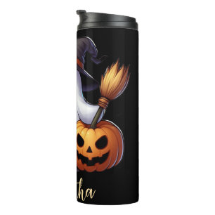 Custom name ghost holding broom and coffee thermal tumbler
