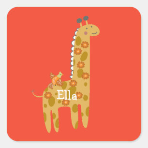 Custom Name Giraffe Bird & Flowers Gold Orange Square Sticker