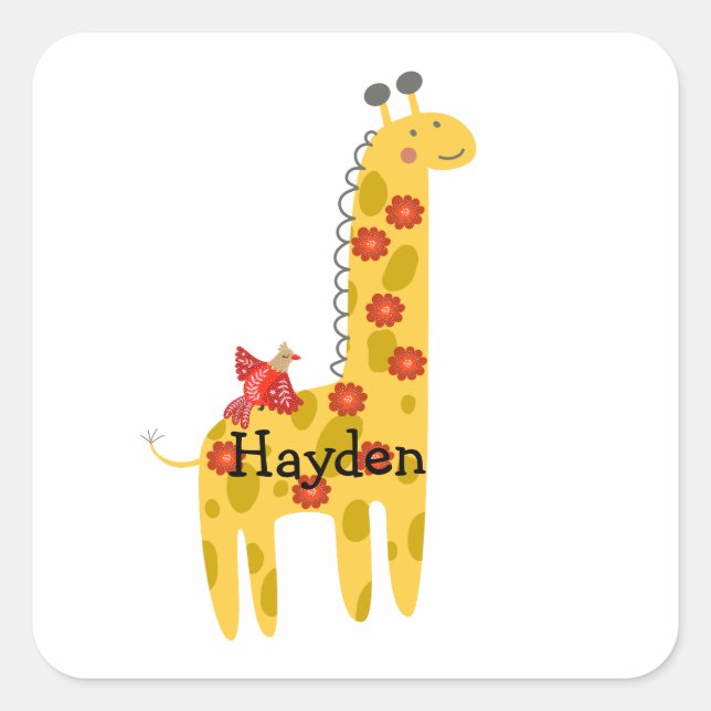 Custom Name Giraffe & Bird Flowers Yellow Red Square Sticker (Front)