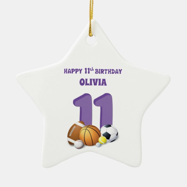 Custom Name Girl 11th Birthday Sports Balls Ceramic Tree Decoration (Front)