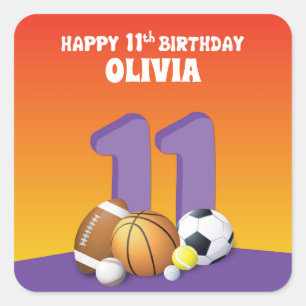 Custom Name Girl 11th Birthday Sports Balls Square Sticker
