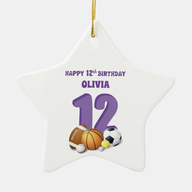 Custom Name Girl 12th Birthday Sports Balls Ceramic Tree Decoration (Front)