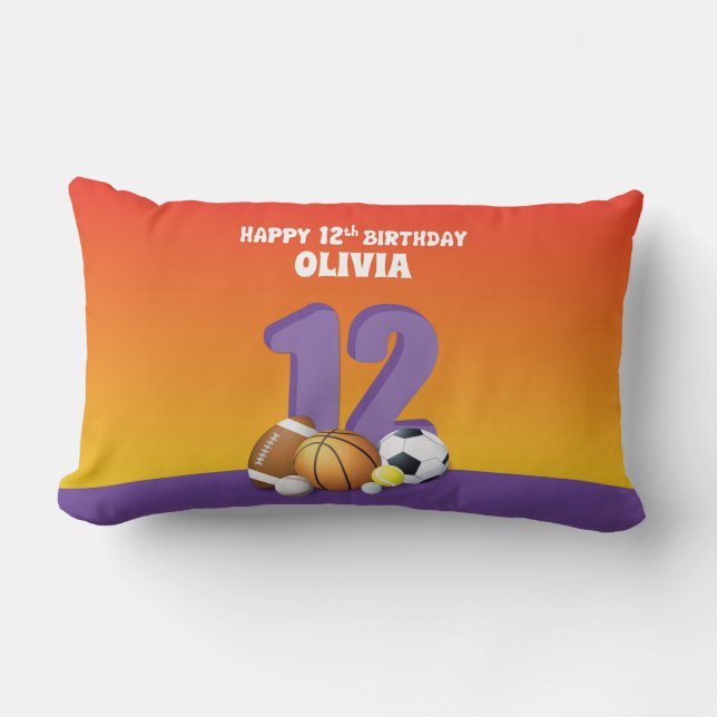 Custom Name Girl 12th Birthday Sports Balls Lumbar Cushion (Front)
