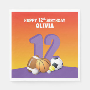 Custom Name Girl 12th Birthday Sports Balls Napkin
