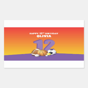 Custom Name Girl 12th Birthday Sports Balls Rectangular Sticker