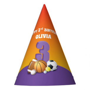 Custom Name Girl 3rd Birthday Sports Balls Party Hat