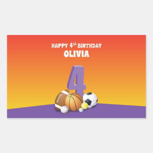 Custom Name Girl 4th Birthday Sports Balls Rectangular Sticker