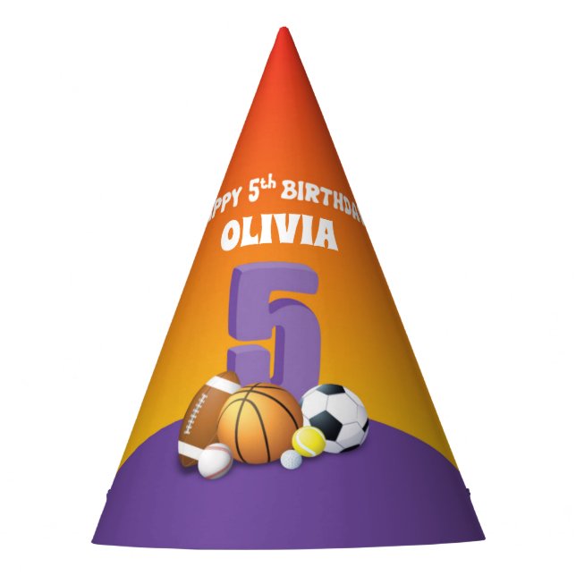 Custom Name Girl 5th Birthday Sports Balls Party Hat (Front)