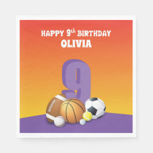 Custom Name Girl 9th Birthday Sports Balls Napkin