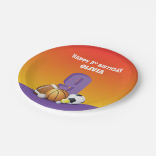 Custom Name Girl 9th Birthday Sports Balls Paper Plate
