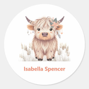 Custom Name Girl Cute Modern Highland Cow Classic Round Sticker