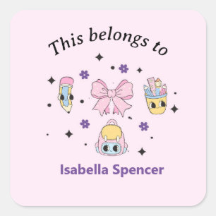 Custom Name Girl Cute This Belongs To Pink Square Sticker