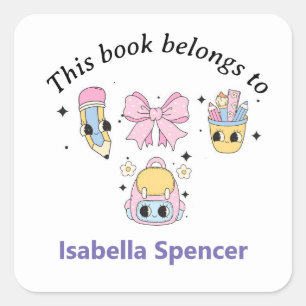 Custom Name Girl Cute This Book Belongs To Square Sticker