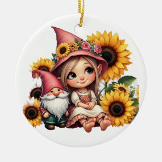 Custom name girl gnome sunflowers  ceramic tree decoration