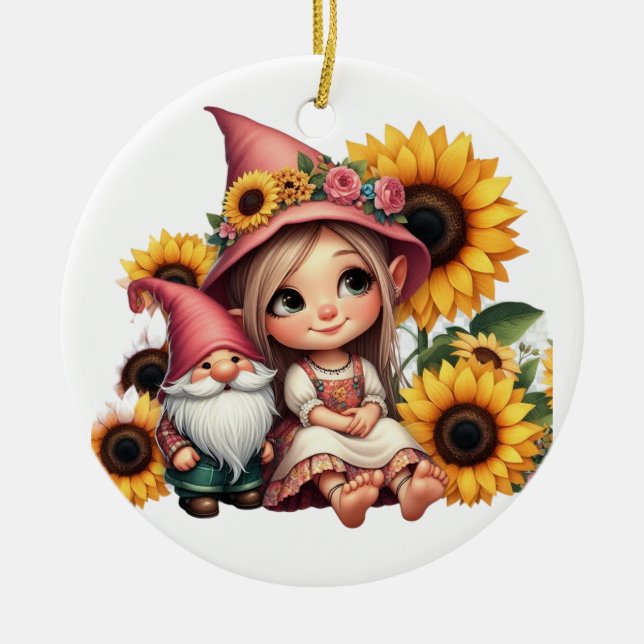 Custom name girl gnome sunflowers  ceramic tree decoration (Front)