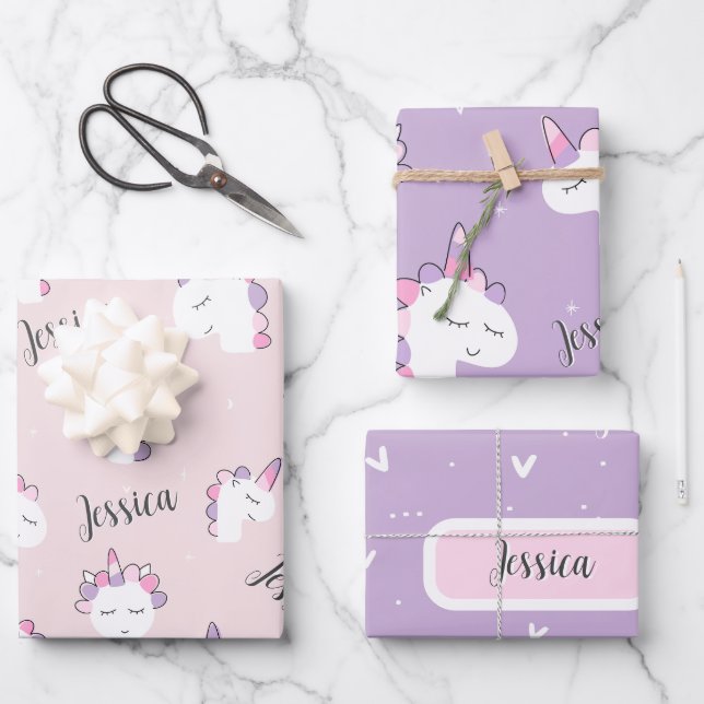 Custom Name Girl Unicorn Wrapping Paper Sheets (Front)