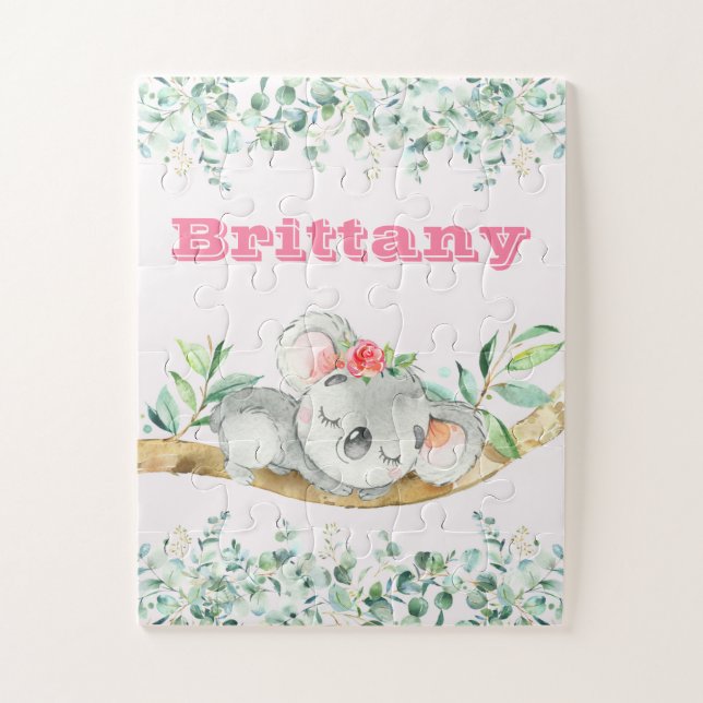 Custom Name Girls Koala Bear Pink & Greenery Jigsaw Puzzle (Vertical)