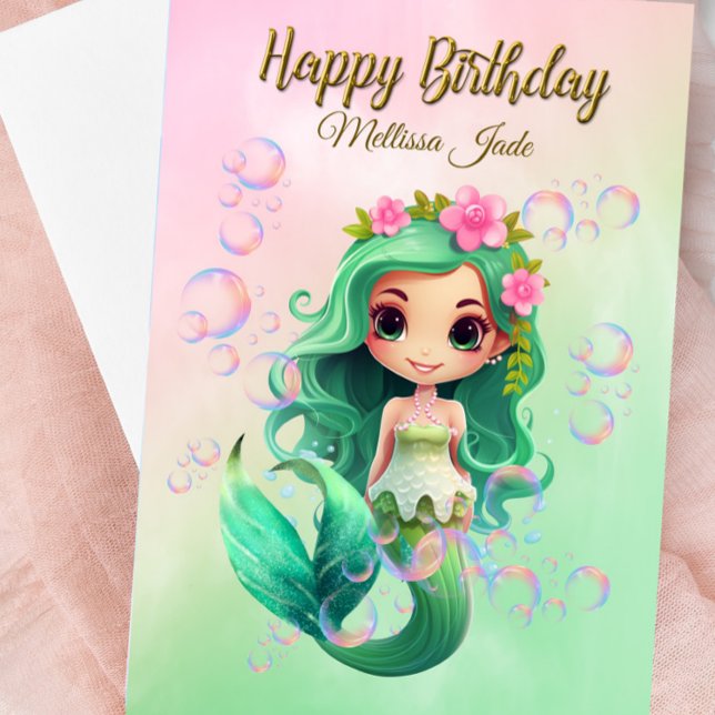 Custom Name Girl's Mermaid Birthday Card (Mermaid Birthday Card - Personalized )