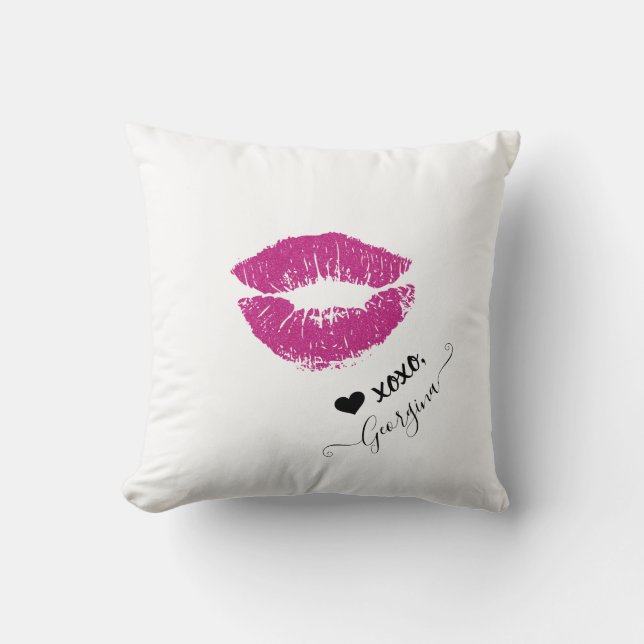 Custom Name Girly Chic Pink Kiss Lips Black Heart Cushion (Front)