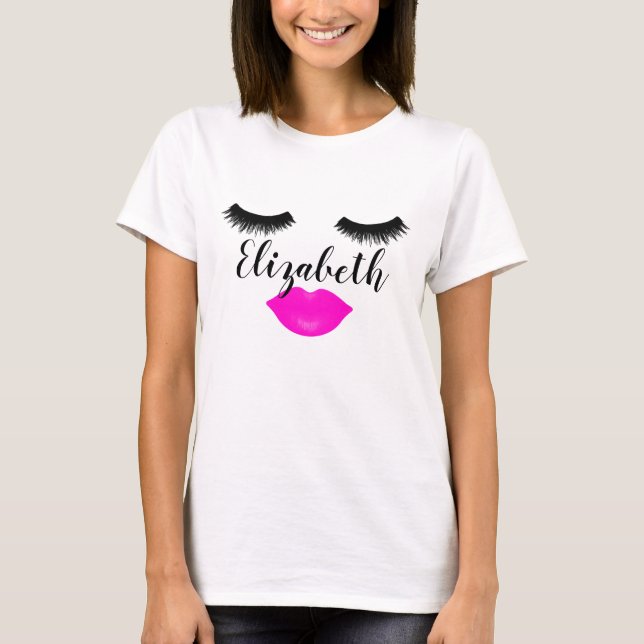 Custom Name Girly Lips and Lashes Pink T-Shirt (Front)