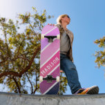 Custom Name Girly Pink Purple Stripes Skateboard<br><div class="desc">Custom Name Girly Pink Purple Stripes Skateboard features your personalised name in modern white typography on pink and purple stripes. Personalise by editing the text in the text box provided. Give a custom made gift, personalised skateboard to your favourite skateboarder for Christmas, birthday or to your BFF. Designed by ©Evco...</div>