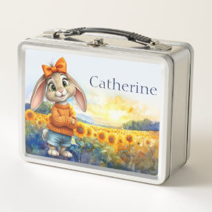 Custom Name Girly rabbit sunflower field Metal Lunch Box