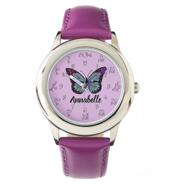 Custom Name Glitter Butterfly Purple Kids Learner Watch (Front)