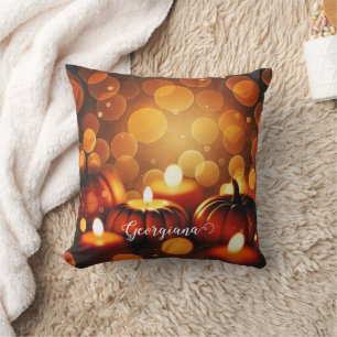 Custom Name Glowing Pumpkins Autumnal Bokeh Effect Cushion