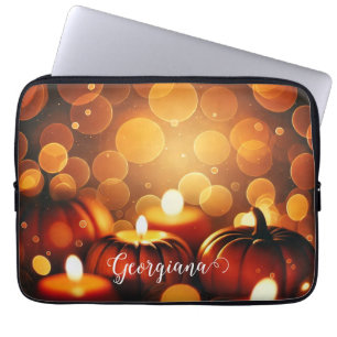 Custom Name Glowing Pumpkins Autumnal Bokeh Effect Laptop Sleeve