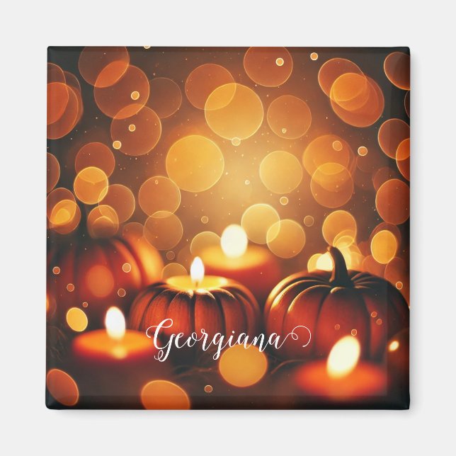 Custom Name Glowing Pumpkins Autumnal Bokeh Effect Magnet (Front)