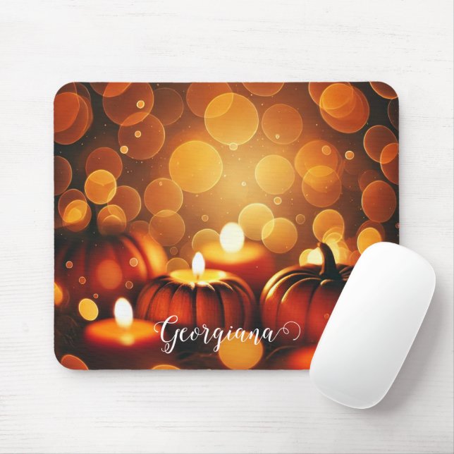 Custom Name Glowing Pumpkins Autumnal Bokeh Effect Mouse Pad (With Mouse)