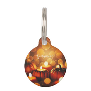 Custom Name Glowing Pumpkins Autumnal Bokeh Effect Pet Tag