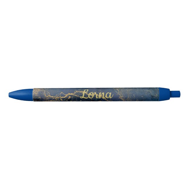 Custom Name Gold Blue Marble Swirl Black Ink Pen (Front)