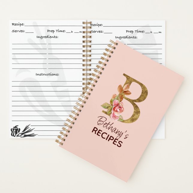Custom Name Gold Blush Pink Roses Letter B Recipe Notebook (Inside)