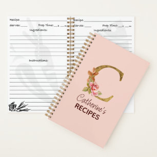 Custom Name Gold Blush Pink Roses Letter C Recipe Notebook