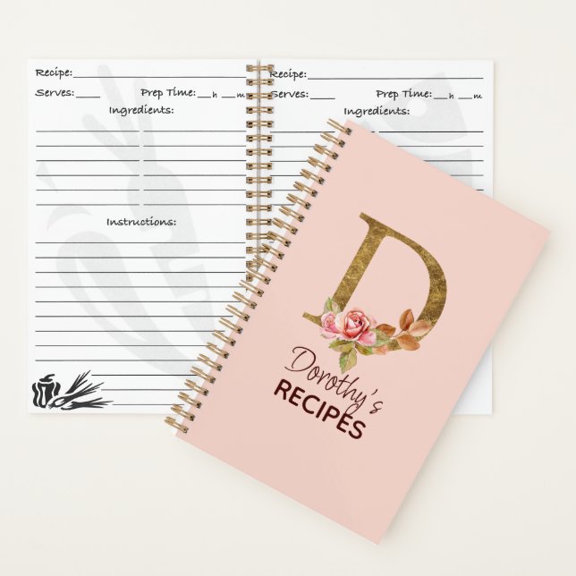 Custom Name Gold Blush Pink Roses Letter D Recipe Notebook (Inside)