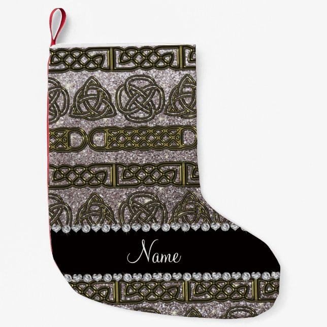 Custom name gold celtic silver glitter small christmas stocking (Front)