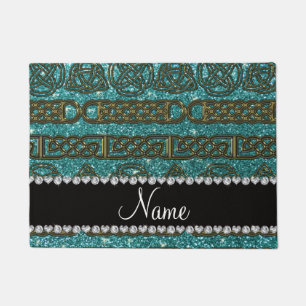 Custom name gold celtic turquoise glitter doormat