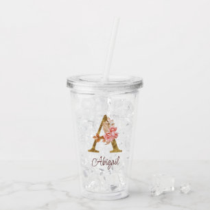 Custom Name Gold Foil Blush Pink Roses Letter A Acrylic Tumbler